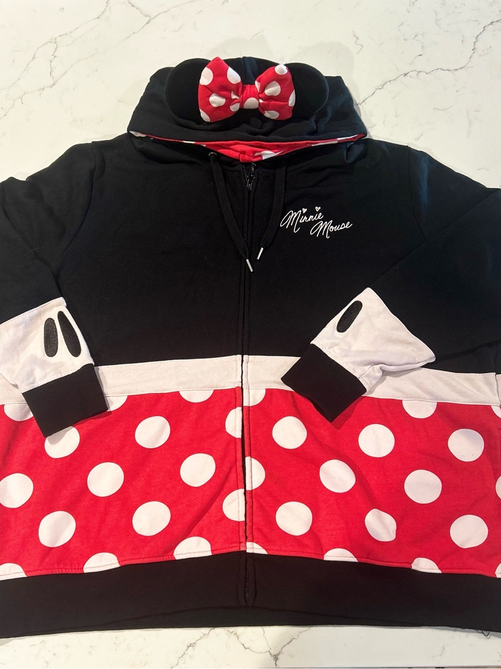 Disney Parks Minnie Mouse Full Zip Hoodie Womens 3XLEars Bow Black Red Polka Dot